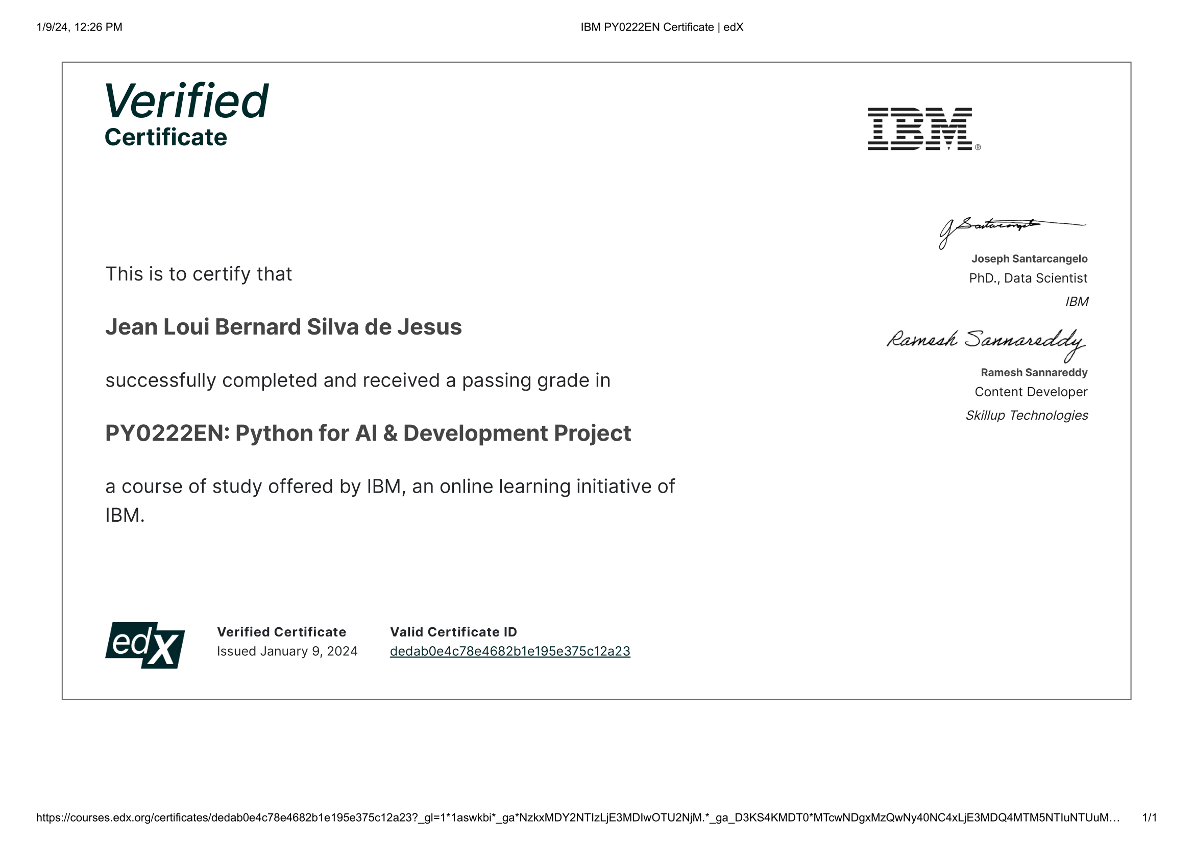Python for AI & Development Project certificate issued by IBM