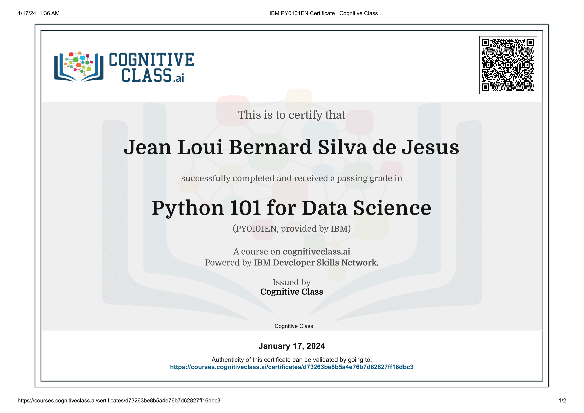 Python for Data Science certificate issued by IBM