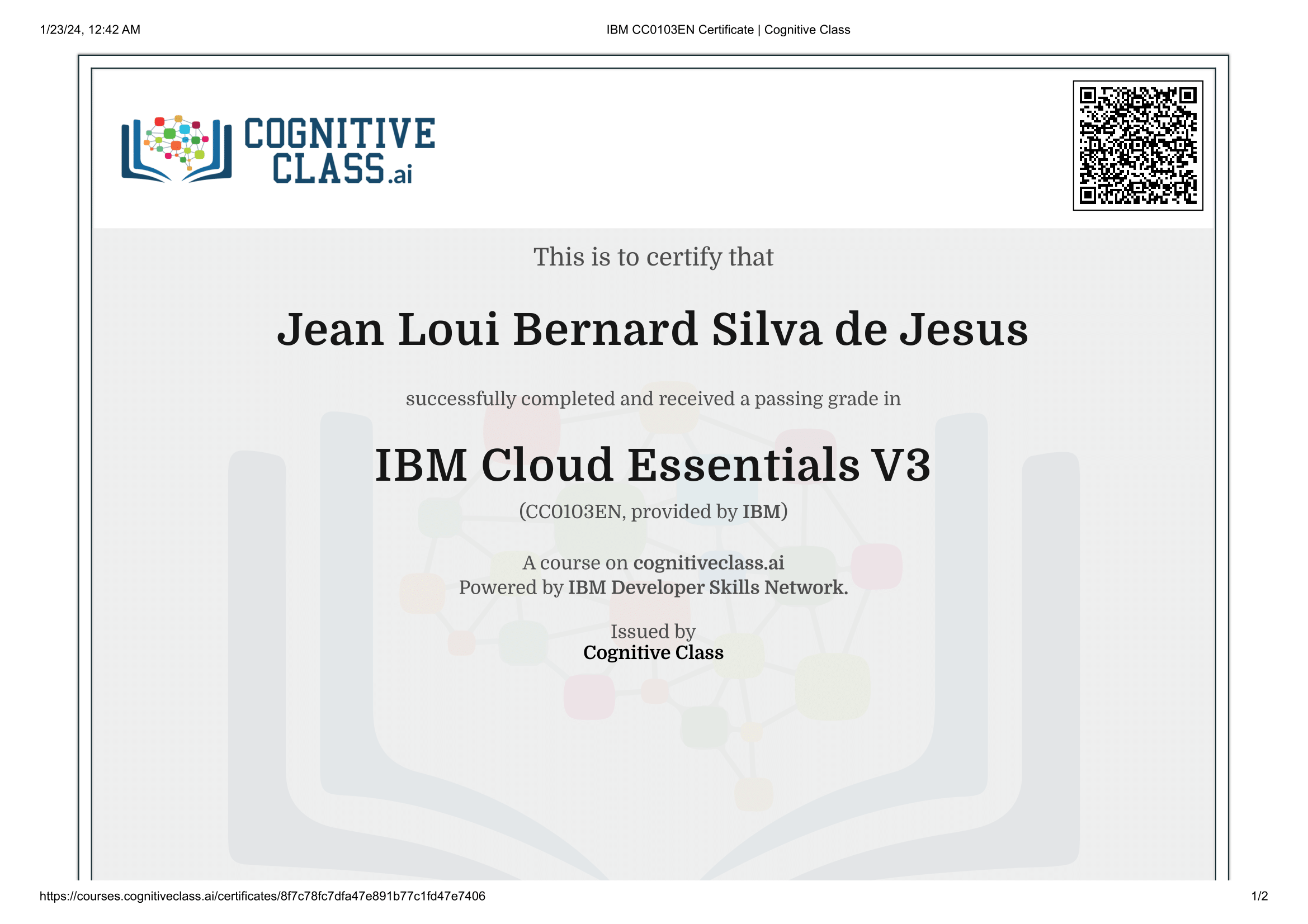 IBM Cloud Essentials V3 certificate issued by IBM